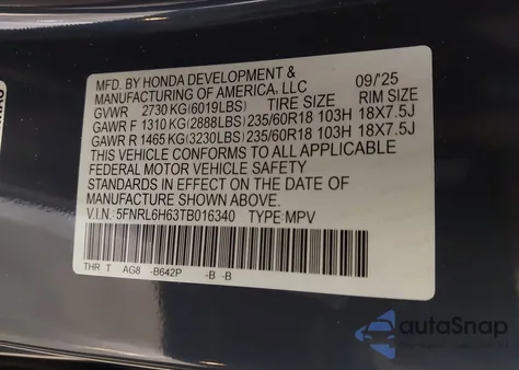 2026 Honda Odyssey Ex-L z USA, uszkodzony, nr VIN 5FNRL6H63TB016340